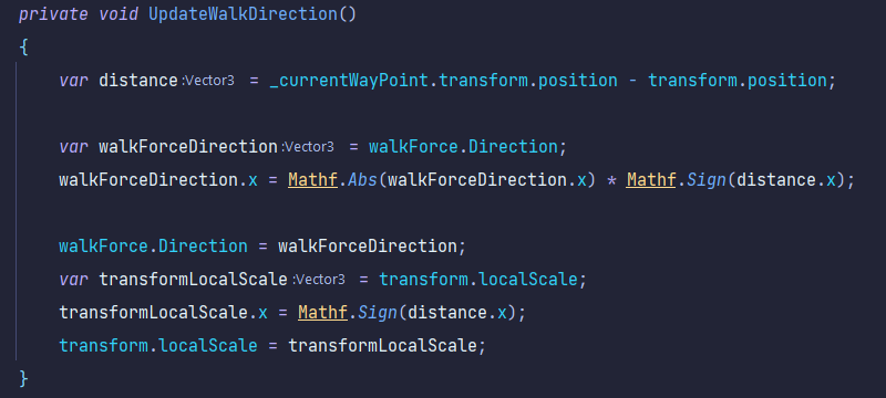 Patrolling script snippet showing walkForce logic